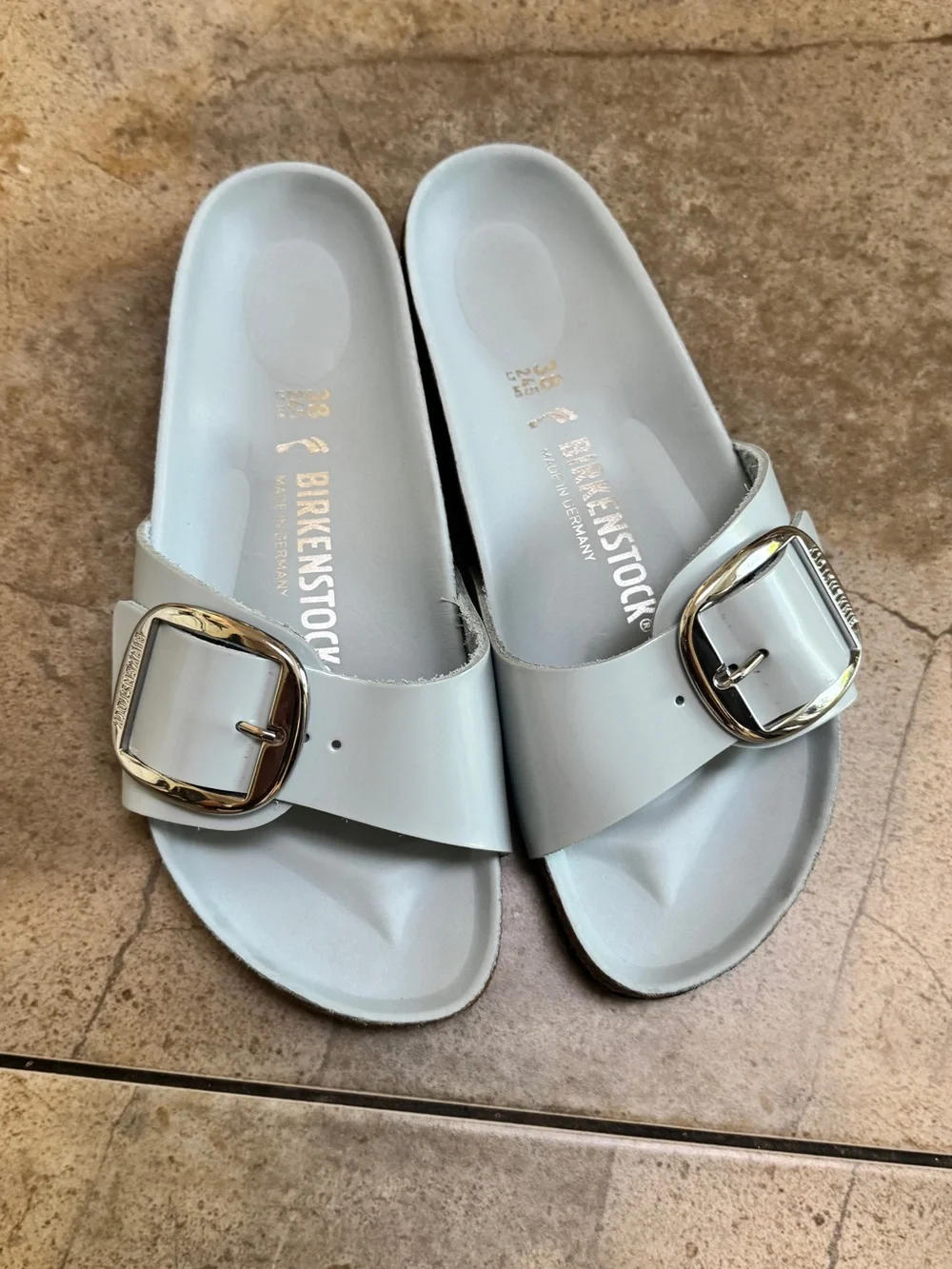 Birkenstock Women’s Madrid Slide Sandal in Pale Blue with Gold Buckles